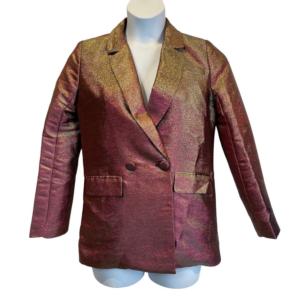 No Label Magenta & Gold Changeable Metallic Lamé Double Breasted Blazer Size